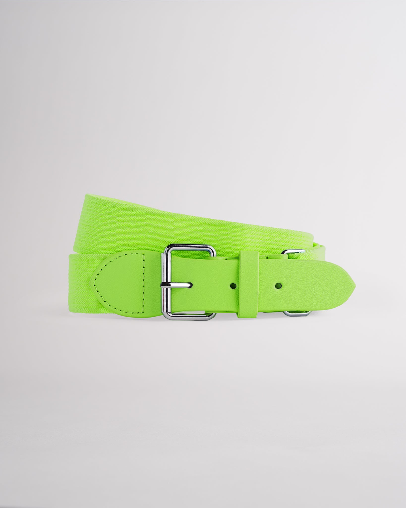 Kids neon green elastic softball belt with silver buckle.