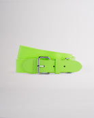 Kids neon green elastic softball belt with silver buckle.