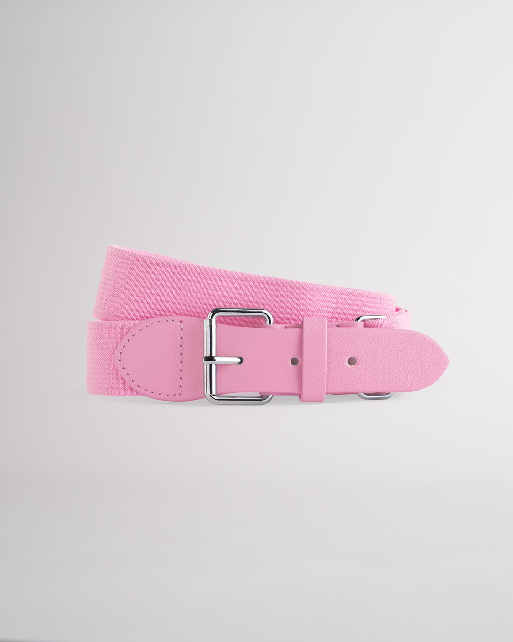 Kids petal pink elastic softball belt with silver buckle.
