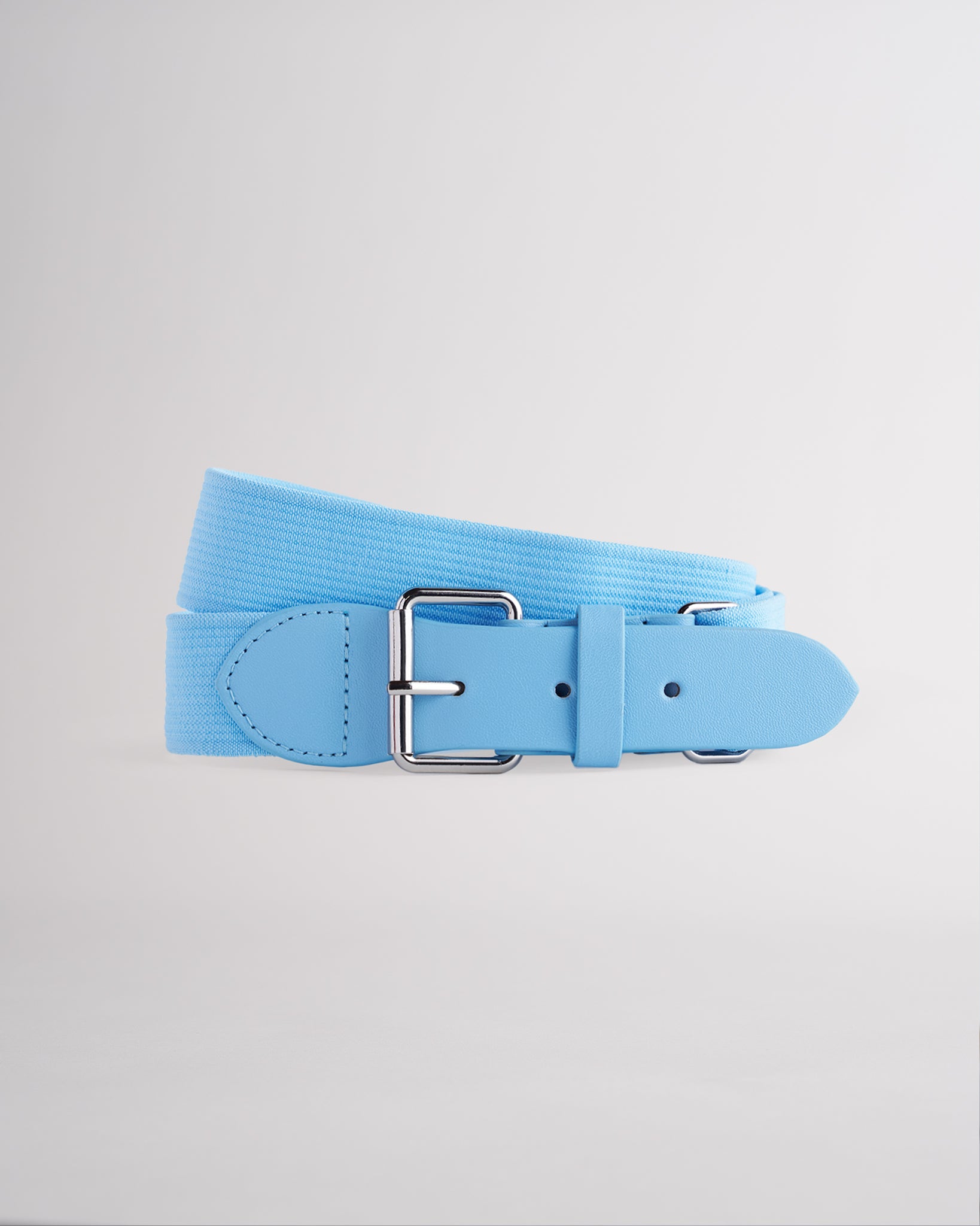 Kids sky blue elastic softball belt with silver buckle.