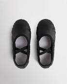 Pair of black kids vegan leather ballet shoes with cross elastic straps, soft lining, and easy-clean PU leather upper.