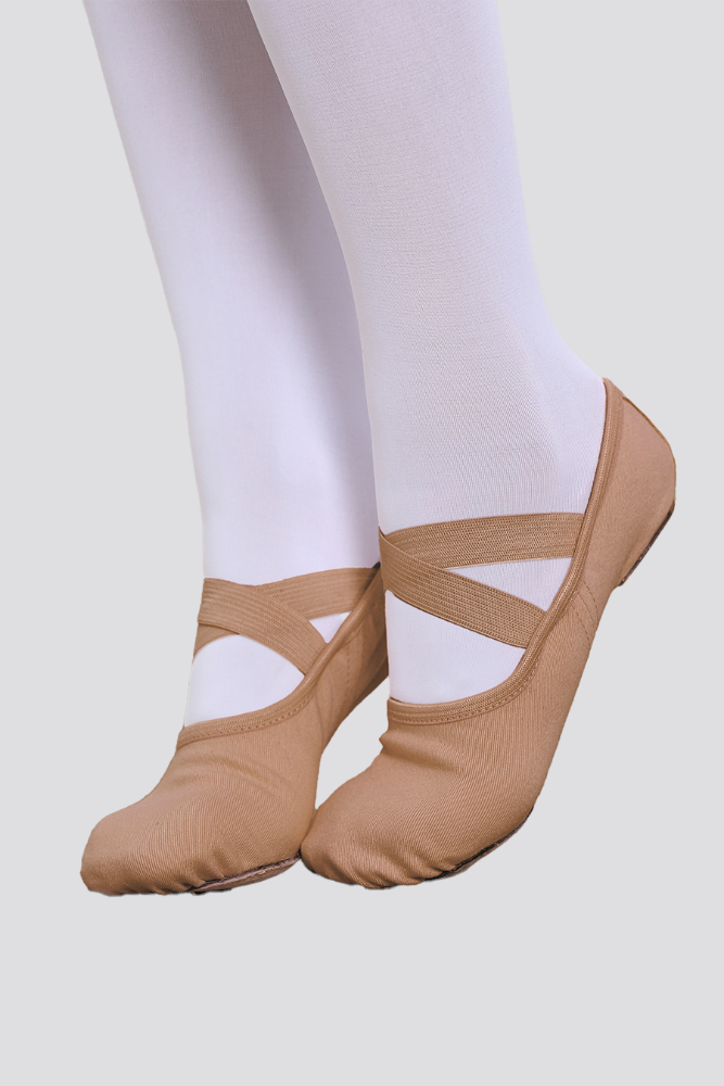 Tan canvas ballet shoes side view 