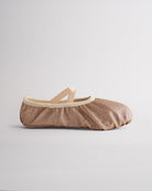 Kids glitter ballet shoes in gold glitter with elastic straps, side view