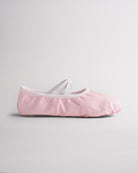Kids glitter ballet shoes in pink glitter with elastic straps, side view