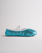 Metallic blue ballet shoes with elastic cross straps and flexible sole for dance class