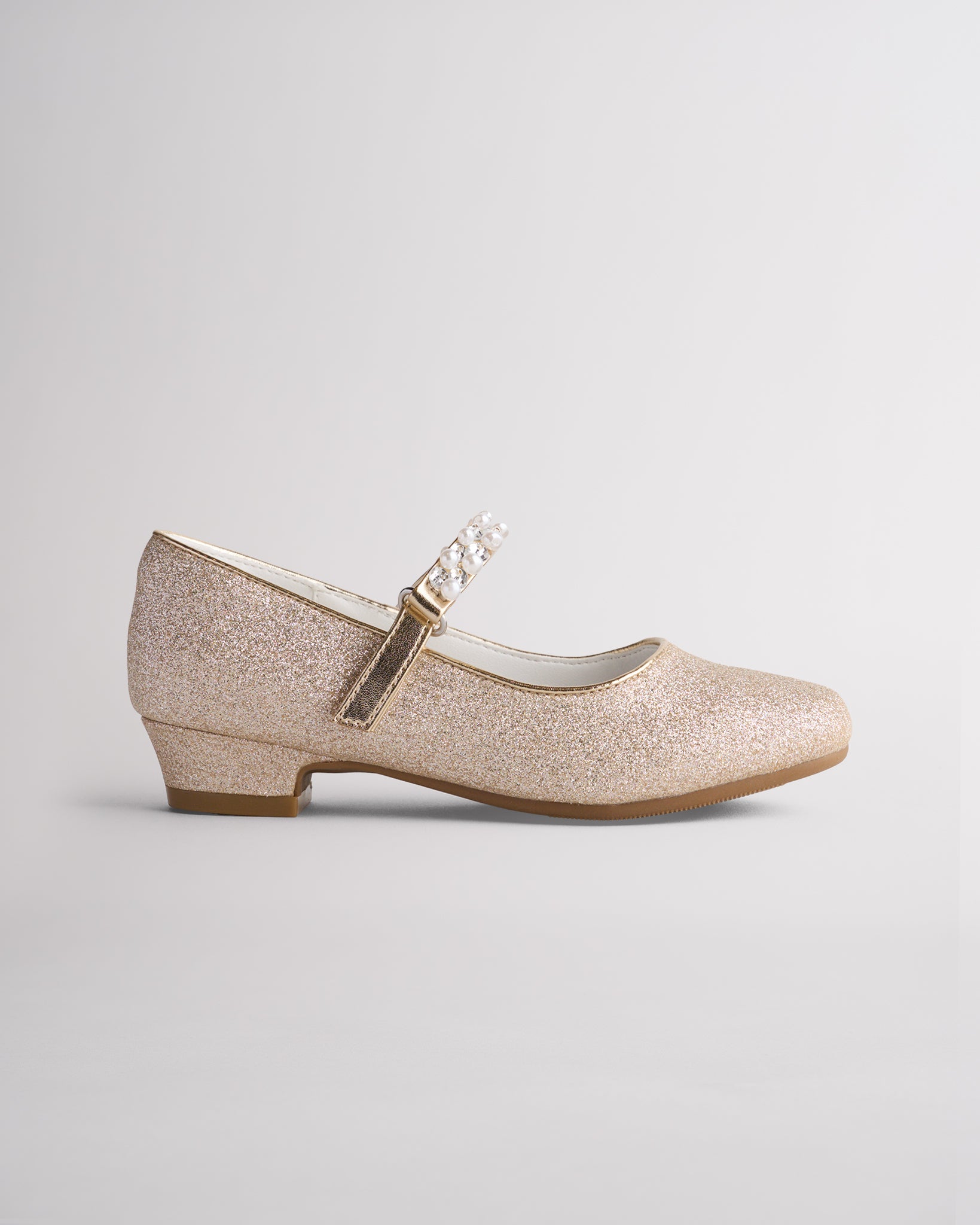 Gold girls mary jane shoes with pearl and diamond strap and low heel design