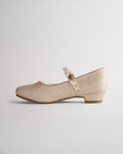Girls mary jane dress shoes with decorative pearl strap and comfortable low heel
