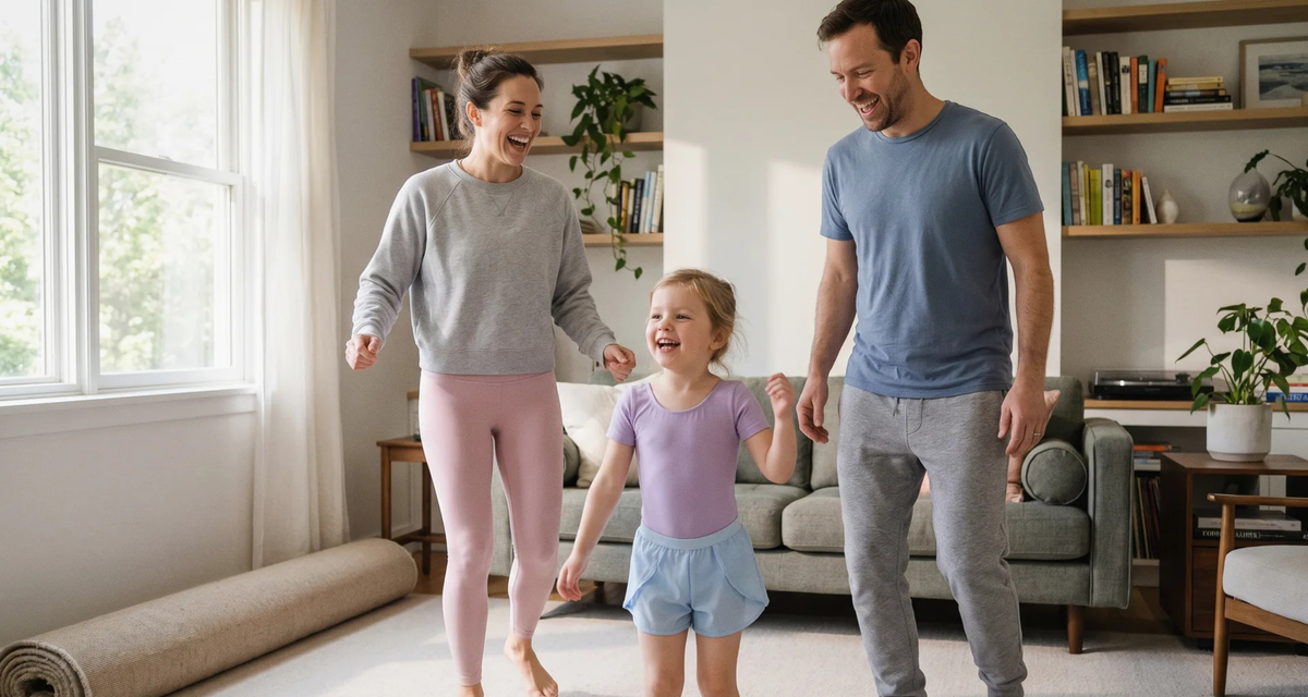 Family doing a dance workout for kids together in the living room