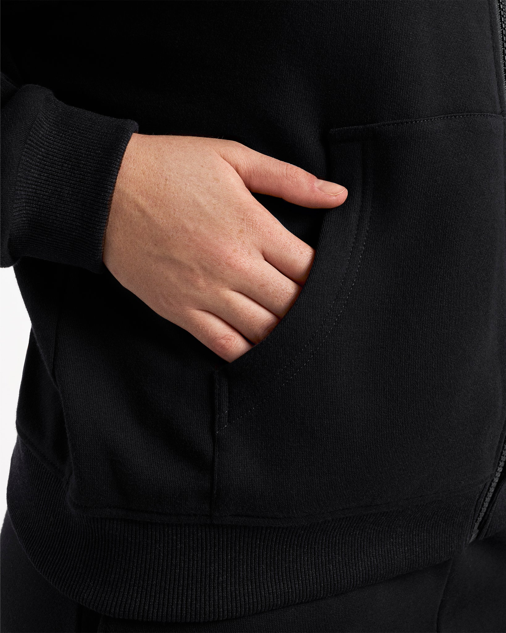 Close-up of a hand in the kangaroo pocket of the black fleece-lined zip-up hoodie.