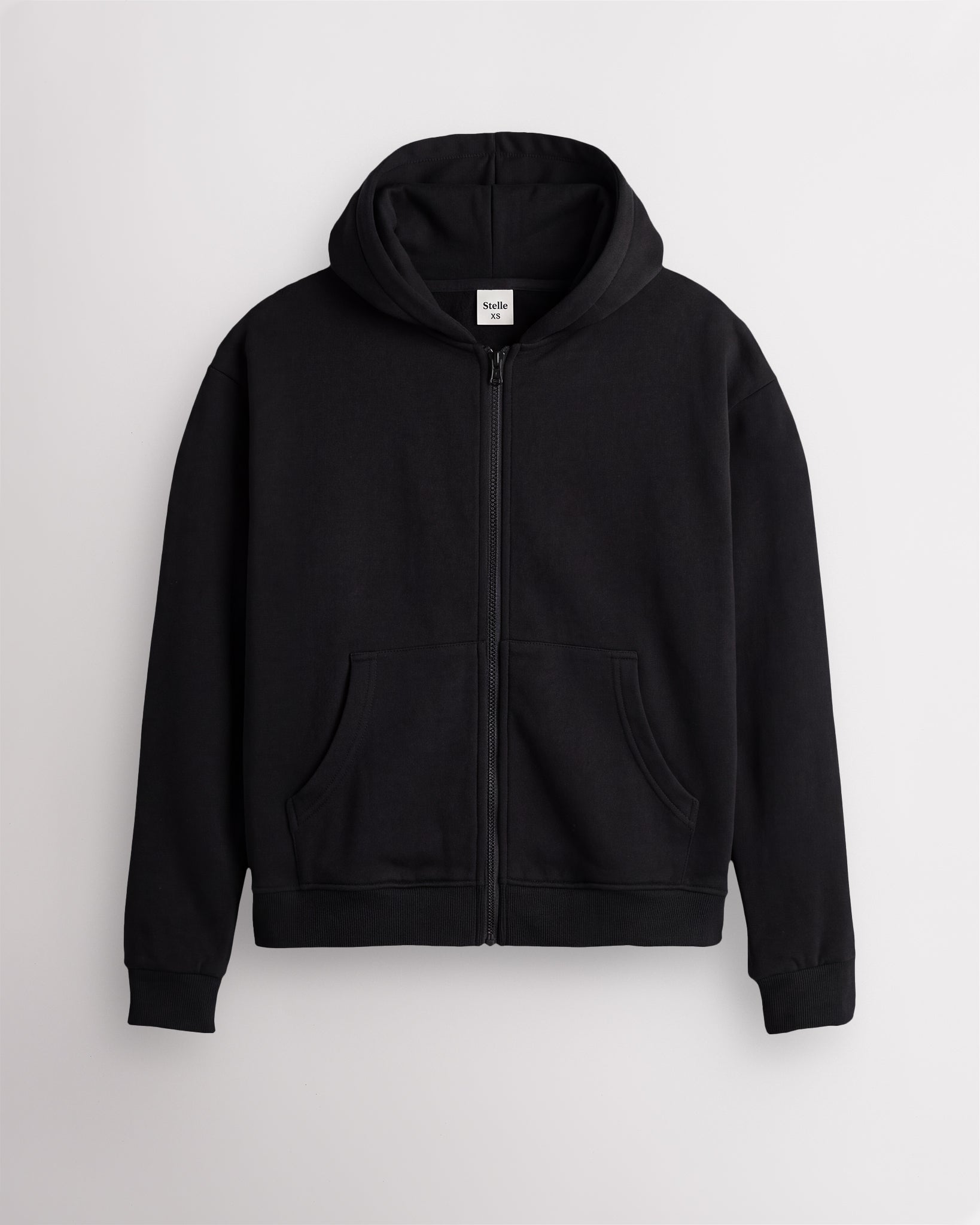 Black Stelle women's fleece-lined zip-up hoodie shown flat, front view with the zip closed.