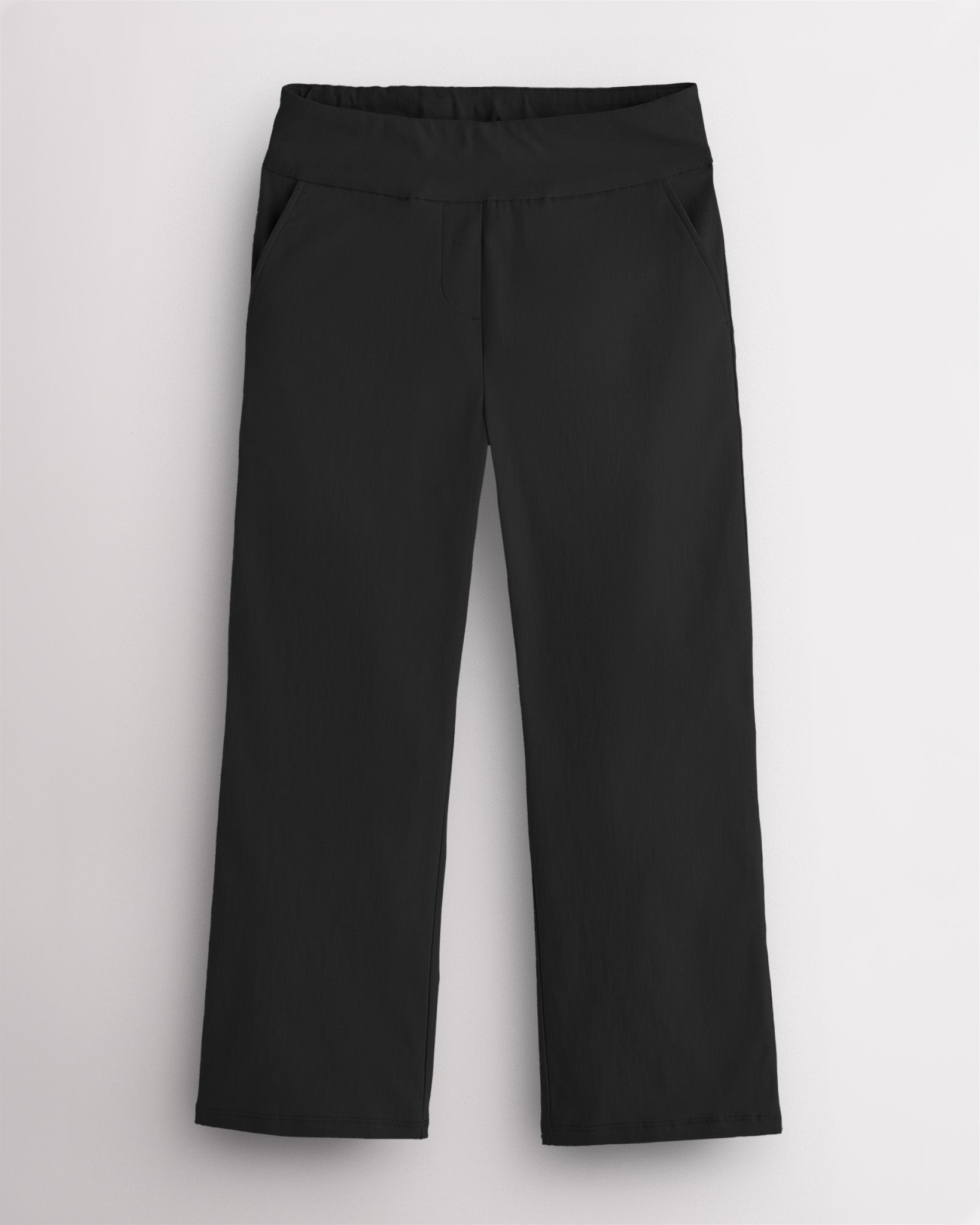 Black high-rise stretch capri pants for women with straight-leg fit, elastic waistband, and front pockets.