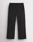 Black high-rise stretch capri pants for women with straight-leg fit, elastic waistband, and front pockets.
