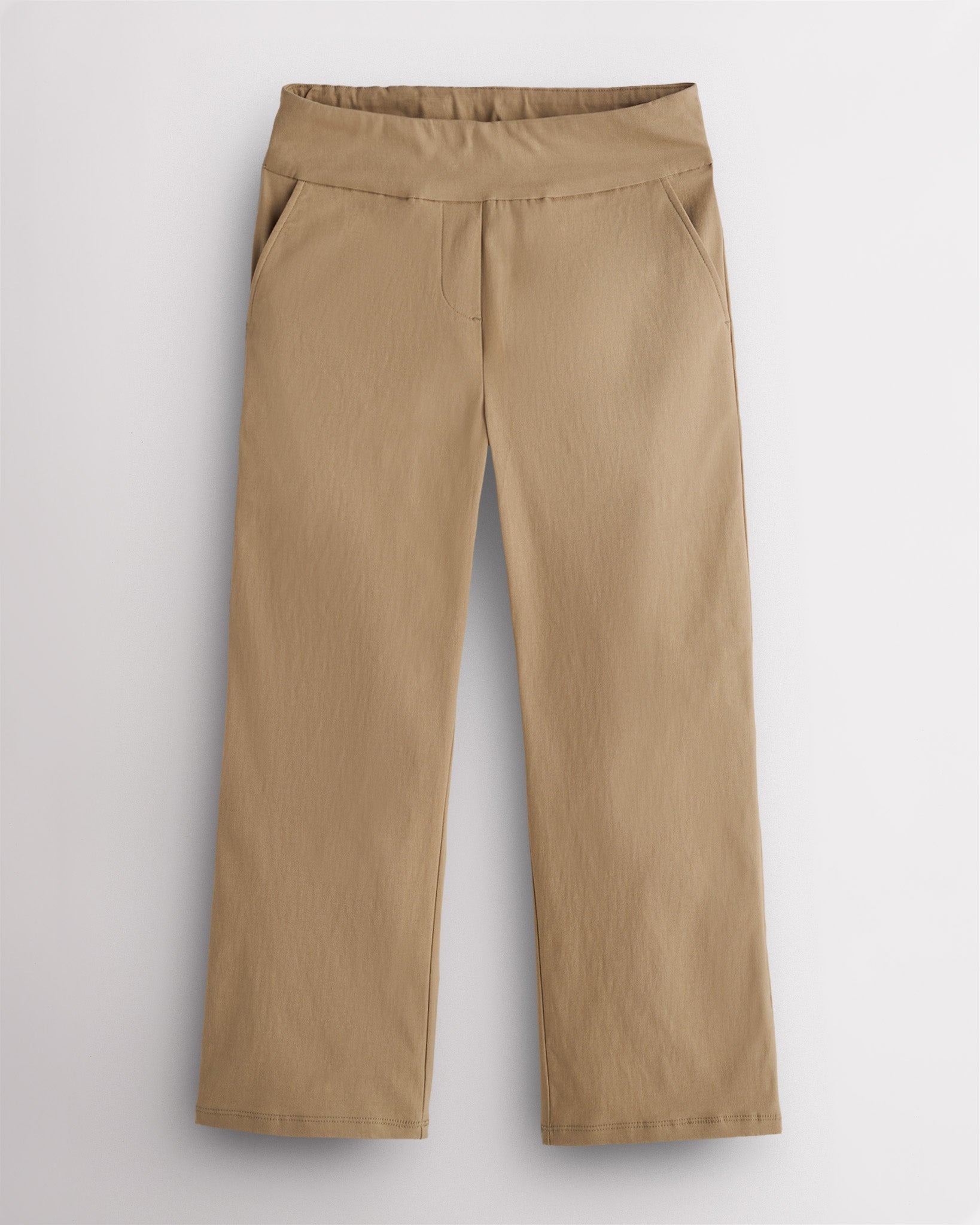 Dune high-rise stretch capri pants for women with straight-leg fit, elastic waistband, and front pockets.