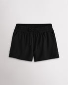 Women’s black high-rise running shorts with a wide elastic waistband, drawstring tie, side pockets, and double-layer hem.