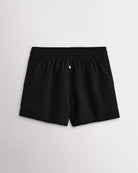 Back view of women’s black running shorts with a high-rise elastic waistband and layered hem design.