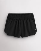 Grey Stelle RushMode 2-in-1 running shorts with wide elastic waistband, zipper pockets, inner shorts lining, and curved dolphin hem.