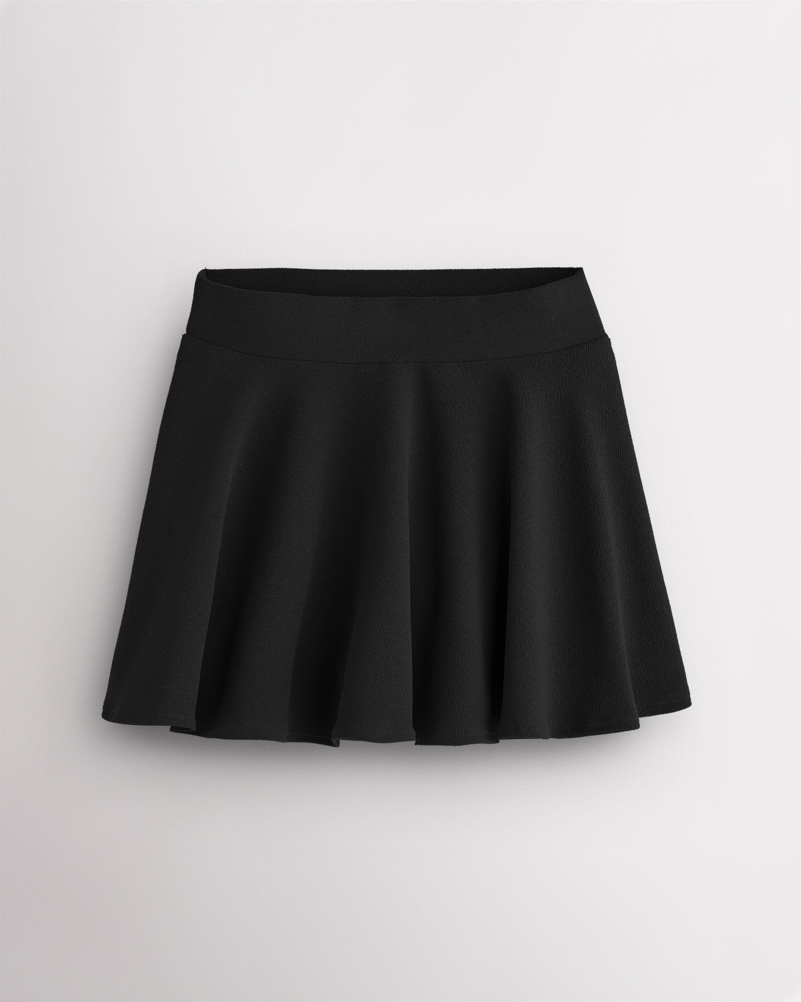 Black flared skater casual skort with a wide waistband.