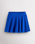 Cobalt blue flared skater casual skort with a wide waistband.