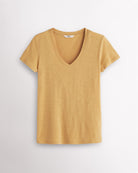 Mustard short sleeve slub V-neck T-shirt for women with a relaxed fit, soft cotton-modal fabric, and classic everyday style.