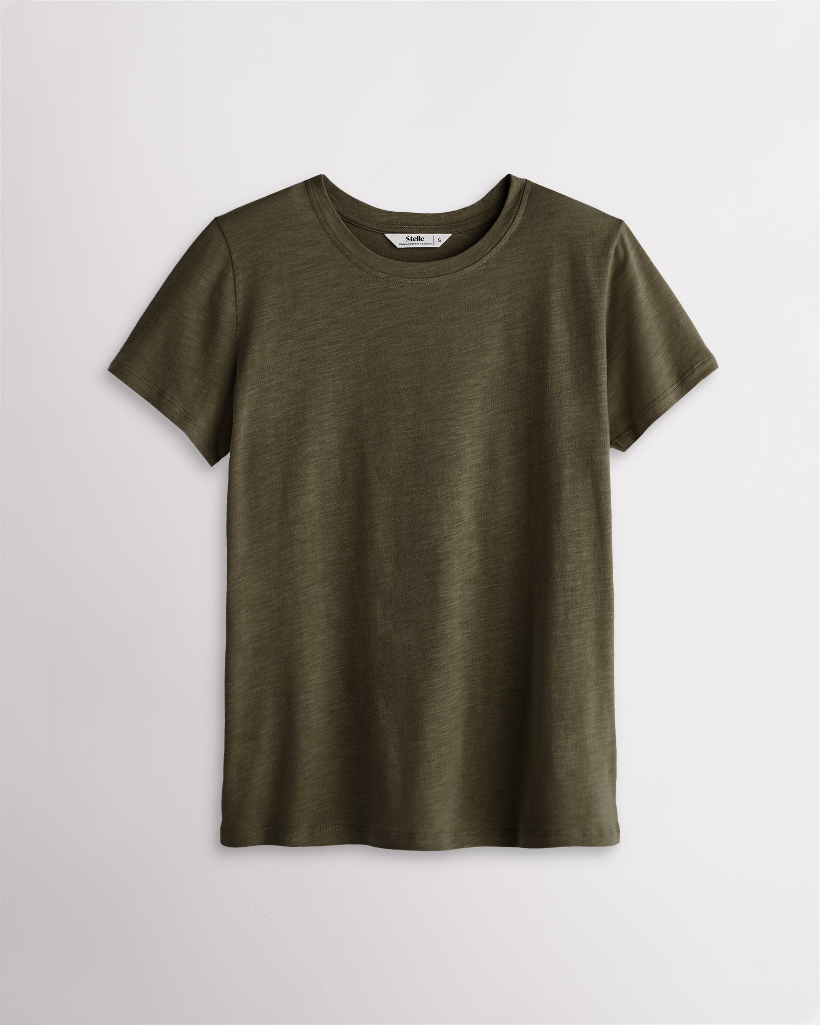 Women’s olive green classic short sleeve crewneck T-shirt with a relaxed fit, soft drape, and clean everyday silhouette.