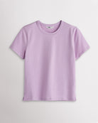 Women’s light purple short sleeve T-shirt with a relaxed fit, crew neckline, and subtle side slit hem.