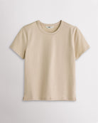 Women’s sand short sleeve T-shirt with a relaxed fit, crew neckline, and subtle side slit hem.
