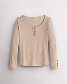 Women’s Ribbed Long Sleeve Henley V-Neck Top in Beige