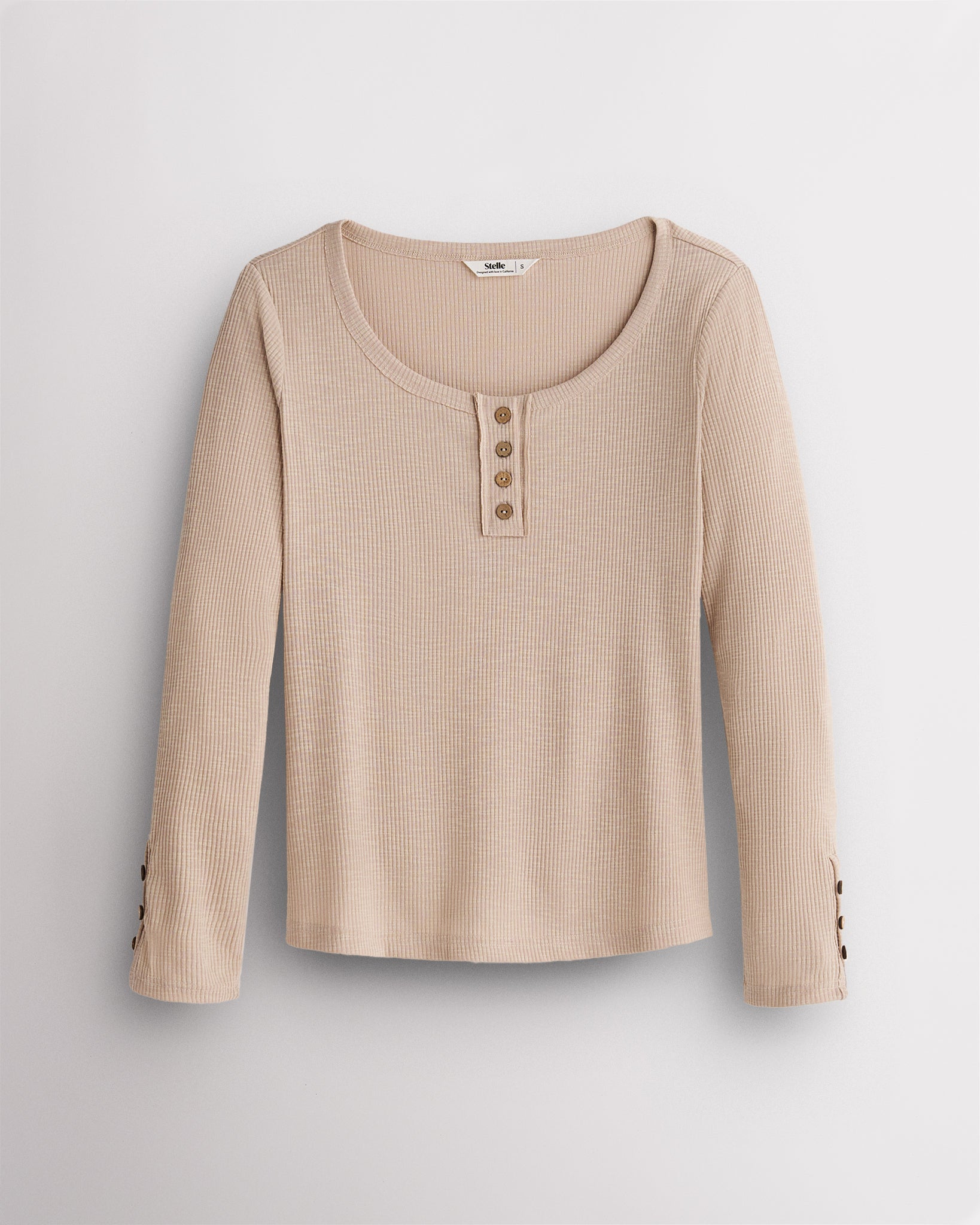 Women’s Ribbed Long Sleeve Henley V-Neck Top in Beige
