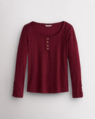 Women’s Ribbed Long Sleeve Henley V-Neck Top in Burgundy