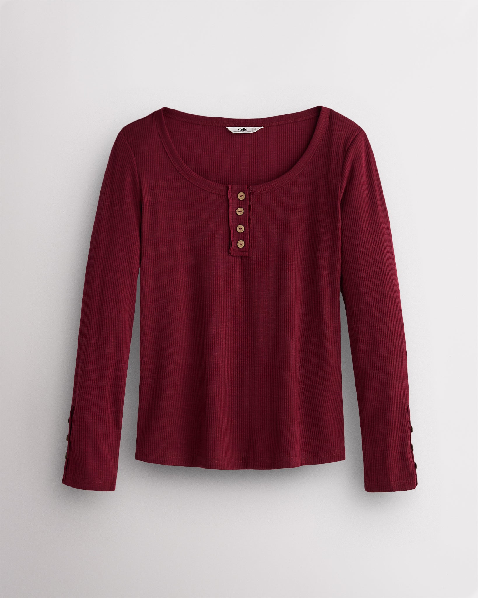 Women’s Ribbed Long Sleeve Henley V-Neck Top in Burgundy