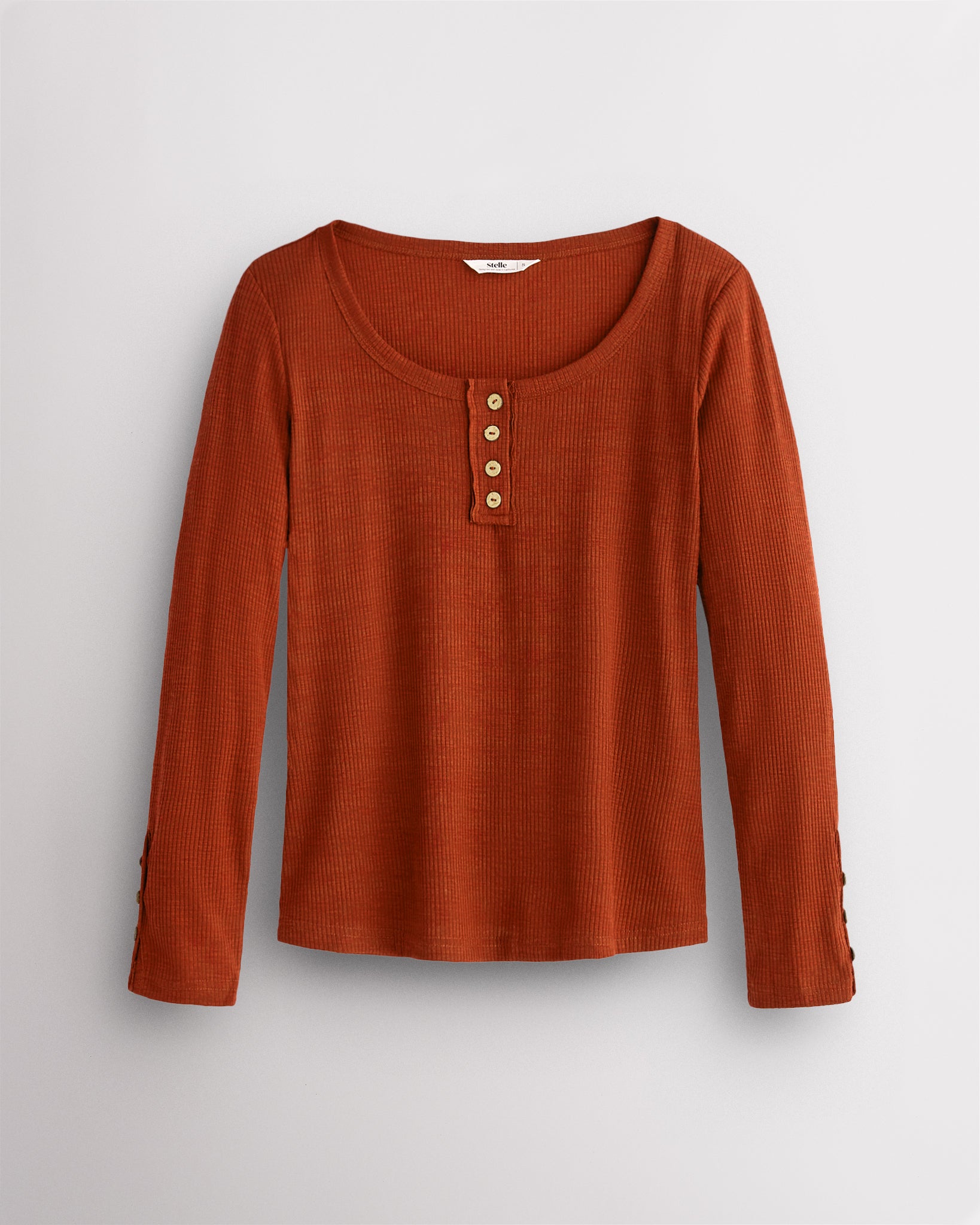 Women’s Ribbed Long Sleeve Henley V-Neck Top in Burnt Orange