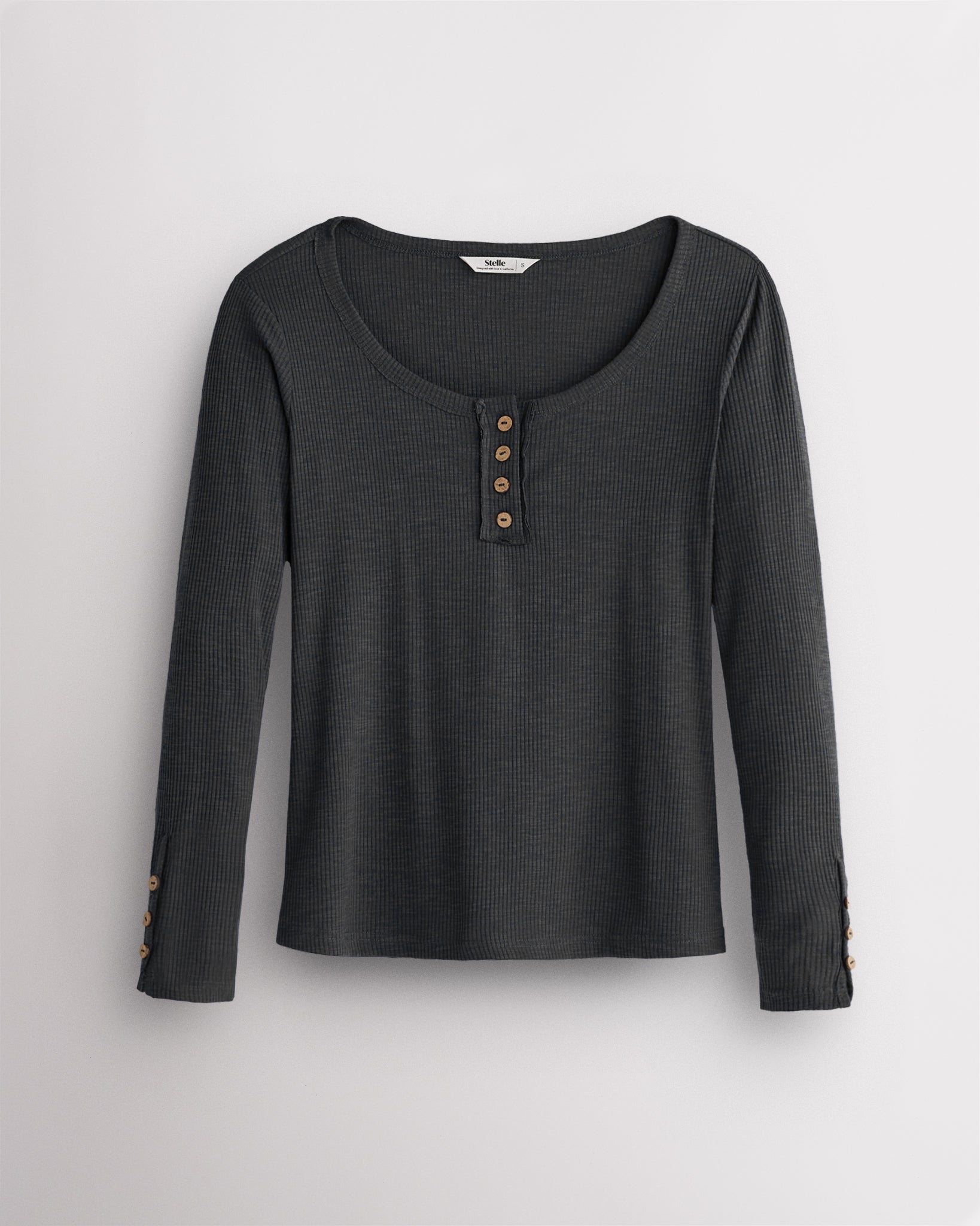 Women’s Ribbed Long Sleeve Henley V-Neck Top in Charcoal