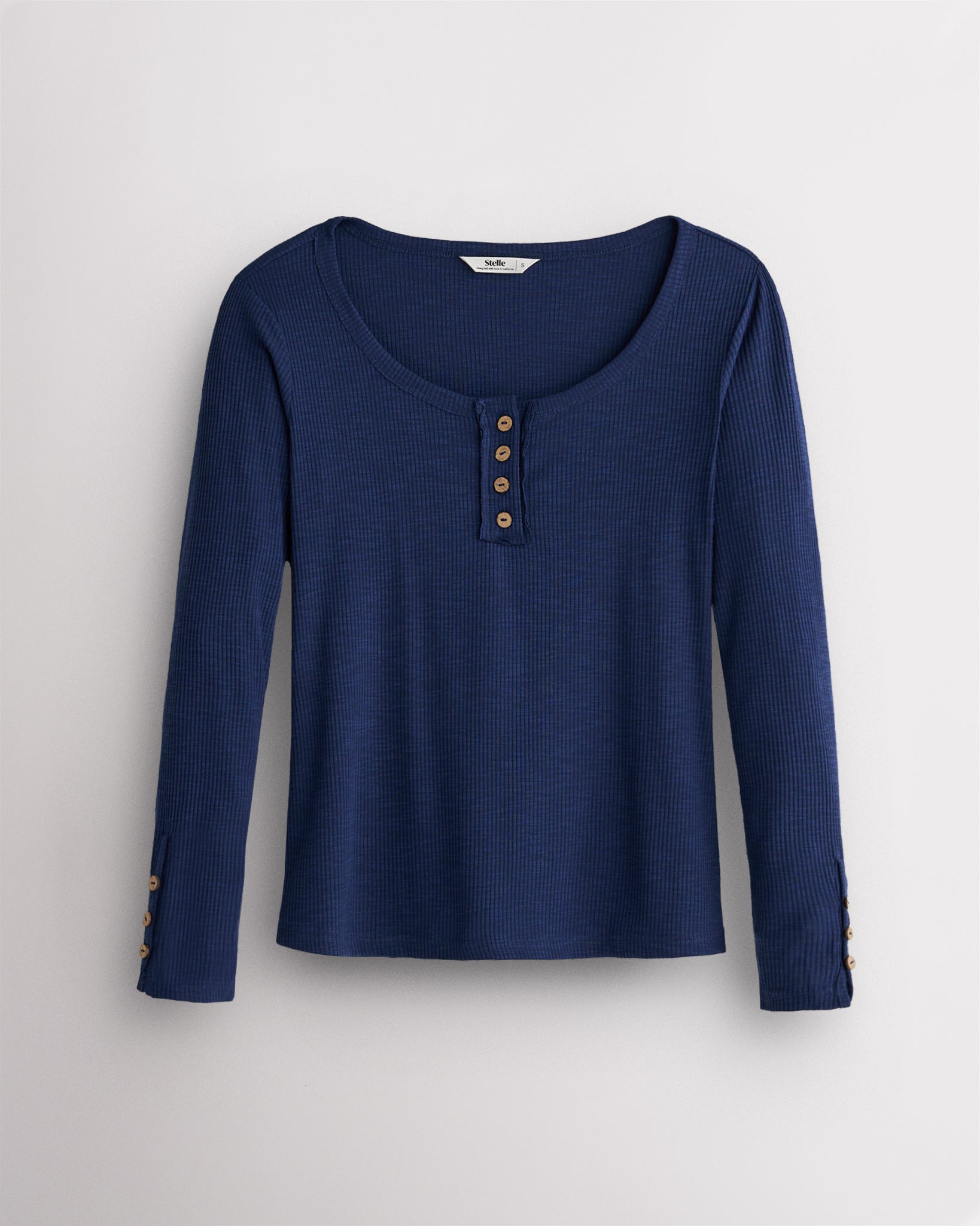 Women’s Ribbed Long Sleeve Henley V-Neck Top in Denim