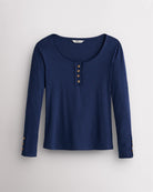 Women’s Ribbed Long Sleeve Henley V-Neck Top in Denim