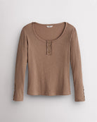 Women’s Ribbed Long Sleeve Henley V-Neck Top in Latte