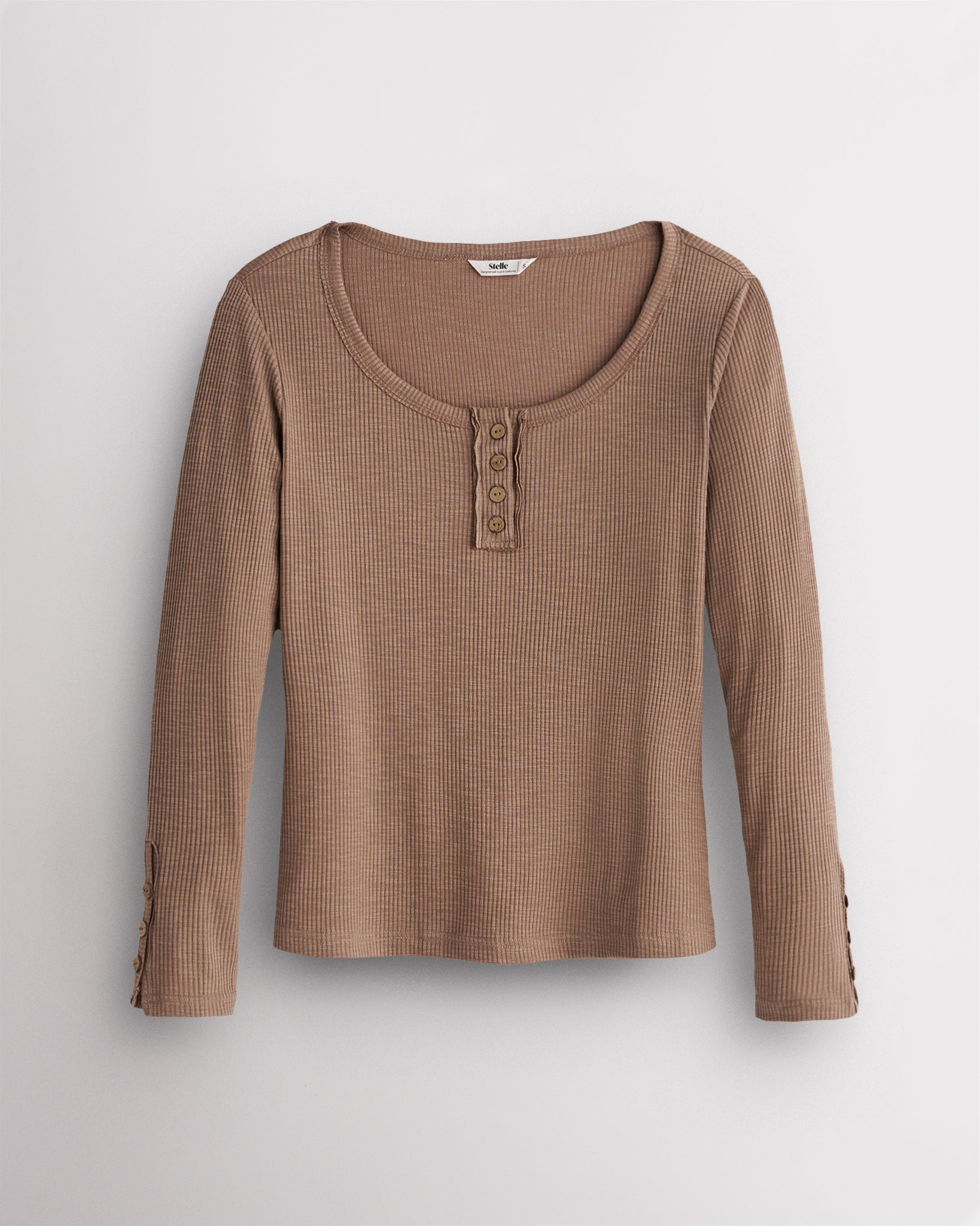 Women’s Ribbed Long Sleeve Henley V-Neck Top in Latte