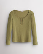 Women’s Ribbed Long Sleeve Henley V-Neck Top in Moss