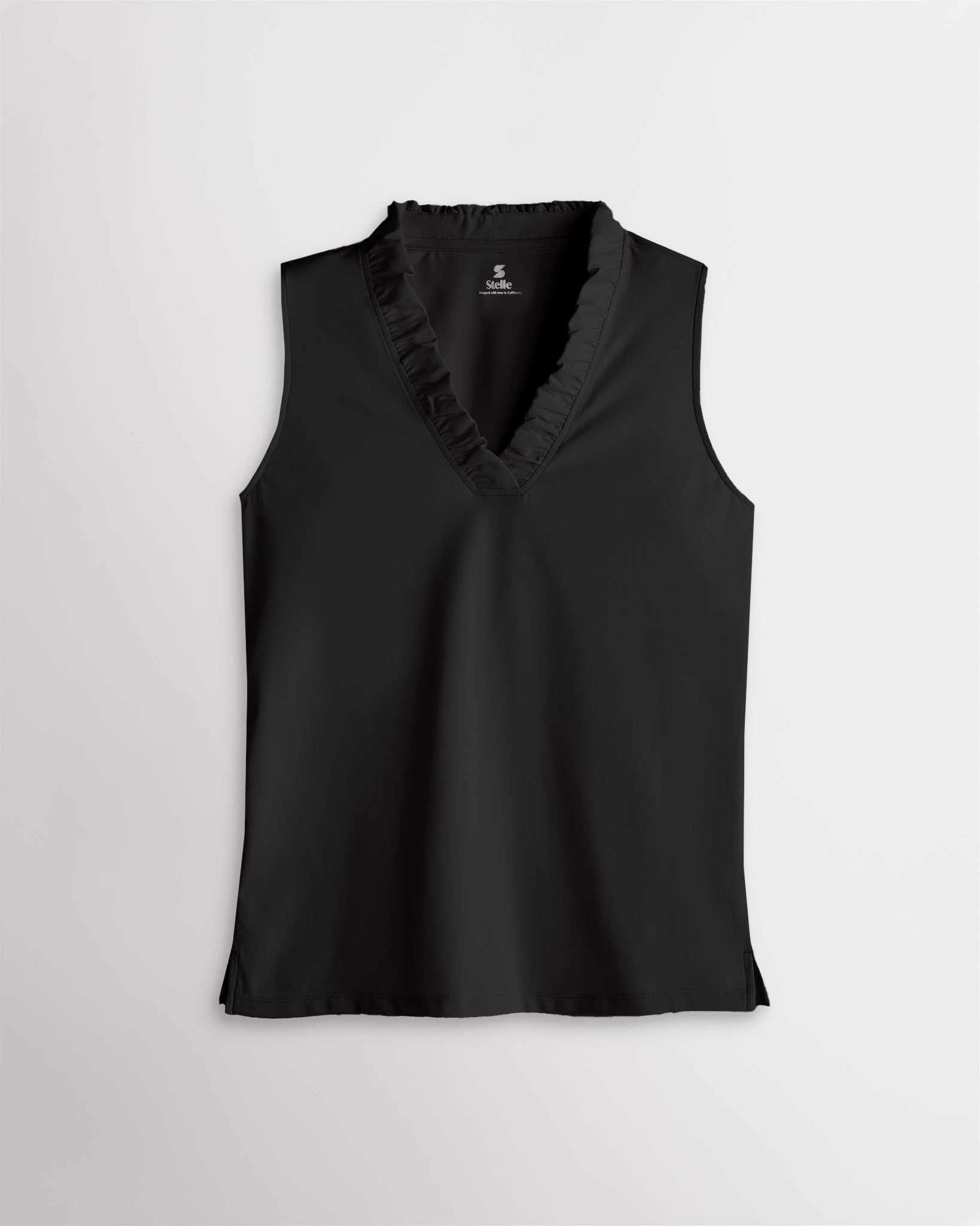 Black ruffle V-neck sleeveless polo shirt for women