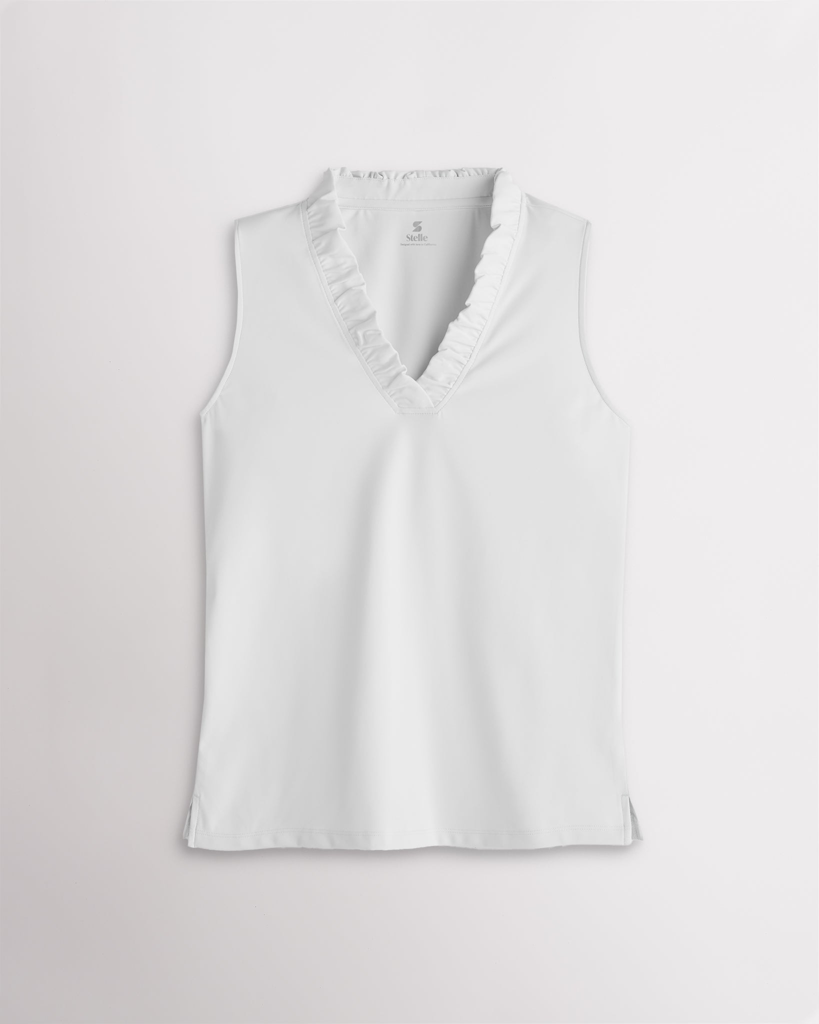 White ruffle V-neck sleeveless polo shirt for women