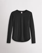 Women’s black UPF 50+ long sleeve sun protection shirt with curved hem and lightweight breathable fabric.
