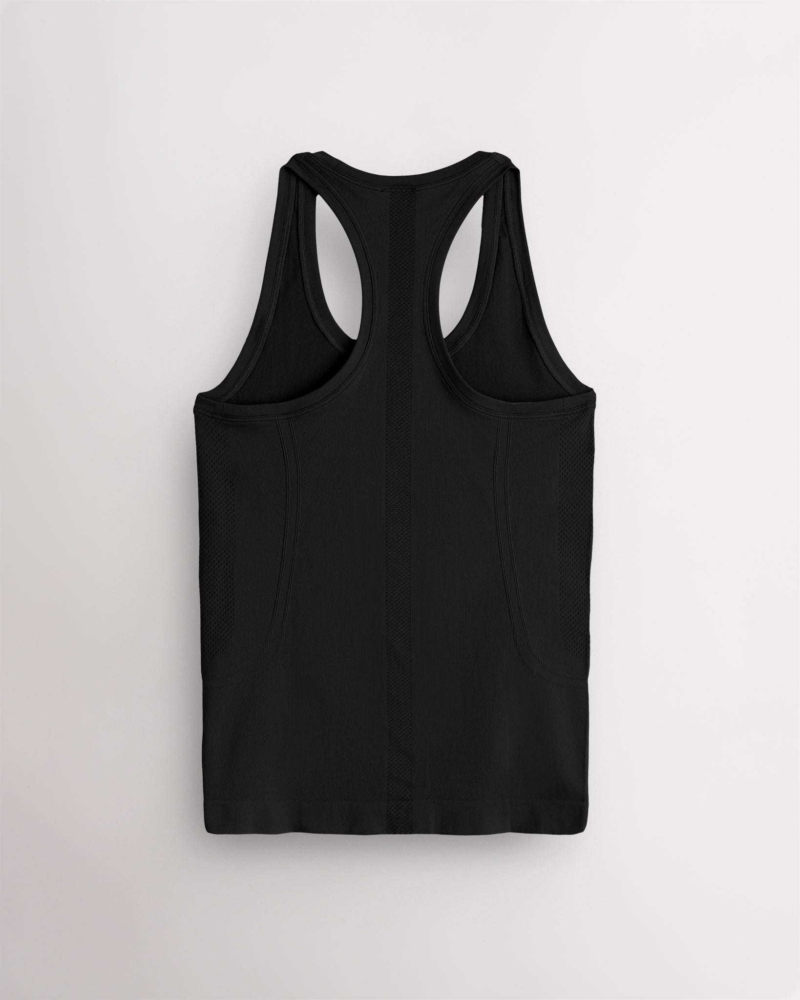 Back view of the black Stelle seamless tank top, laid flat to show the racerback straps.