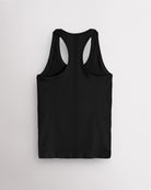 Back view of the black Stelle seamless tank top, laid flat to show the racerback straps.