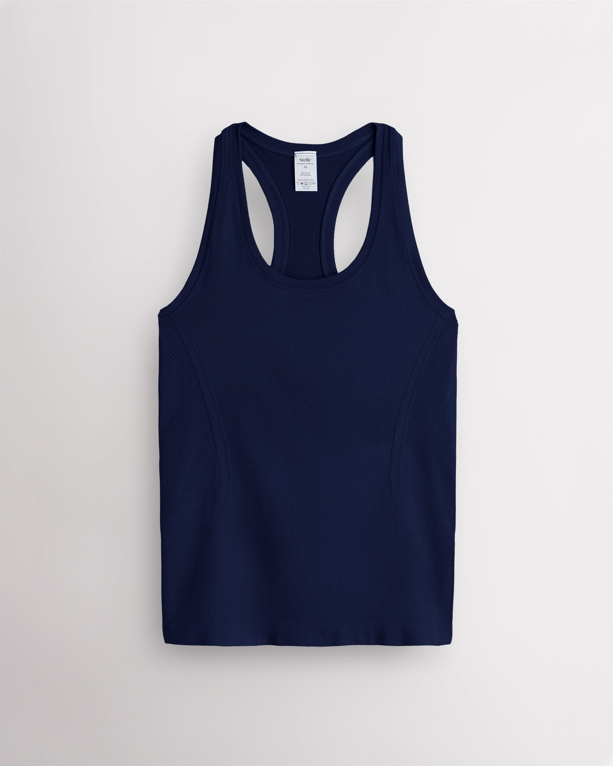 Navy Stelle women's seamless racerback tank top with a round neckline.