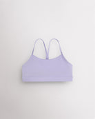 Lavender girls Y-back sports bra with thin straps, soft stretch fabric, and a supportive band.