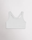 White racerback sports bra for girls with wide straps and a smooth band.