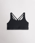 Girls black sports bra with a scoop neckline, supportive band, and strappy criss-cross back design.
