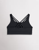 Back view of a girls black sports bra featuring multiple criss-cross straps and a wide supportive band.