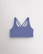 Periwinkle girls strappy sports bra with criss-cross racerback design, soft stretch fabric, and supportive band.