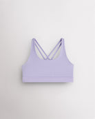 Girls lavender sports bra with a scoop neckline, supportive band, and strappy criss-cross back design.