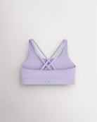 Back view of a girls lavender sports bra featuring multiple criss-cross straps and a wide supportive band.